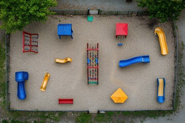 Aerial View of a Colorful Playground with Various Equipment