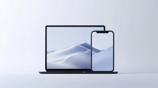 Laptop and smartphone mockup showcasing a minimalist design and serene landscape image.