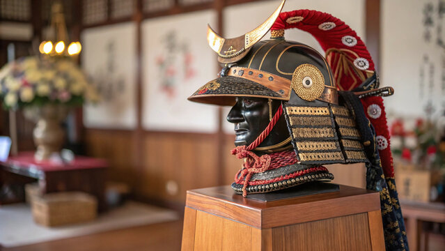 Medium shot of samurai helmet display for Children&rsquo;s Day, intricate Japanese tradition, stock image