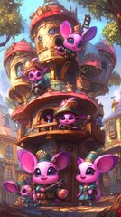 Fototapeta premium Whimsical Mushroom House with Adorable Pink Mouse-Like Creatures