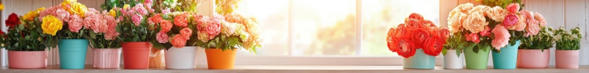 A vibrant display of colorful flowers in pots arranged on a wooden surface, creating a cheerful and inviting flower shop ambiance