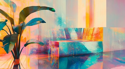 Abstract Tropical Interior Scene with Vibrant Colors and Plant Life