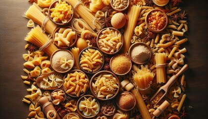 Circular arrangement, various pasta shapes, dry pasta assortment, spaghetti, fusilli, penne, farfalle, rigatoni, orzo, conchiglie, overhead view, organized pattern, beige and golden tones, culinary ar