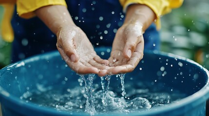 Fototapeta premium Hands cupped over water, with droplets splashing in a blue bucket, symbolizing cleanliness and nature's beauty.