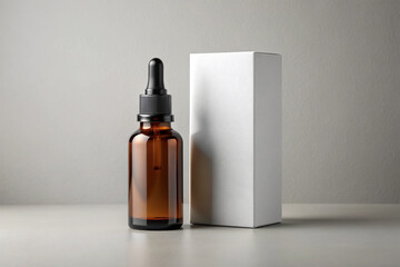 Blank amber glass Dropper Bottle and Box Mockup isolated on light grey background 