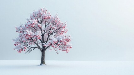 Naklejka premium Solitary Snow-Covered Tree with Red Berries in a Winter Landscape