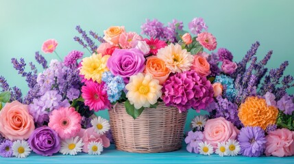 Obraz premium A beautiful wicker basket overflowing with vibrant flowers including roses, dahlias, and lavender, set against a pastel background, perfect for a flower shop display