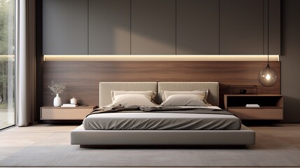 A minimalist bedroom with a low-profile bed, clean lines, and neutral decor.