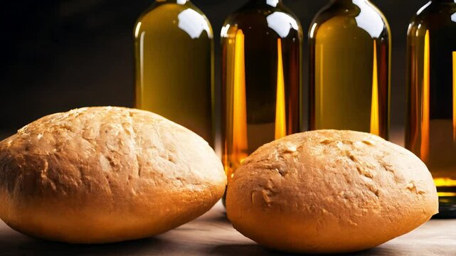 Luxurious olive oil bottles and bread lined up on a stone surface, slow zoom out, low key lighting, dimly lit background, rich amber oil, crusty bread, rustic feel