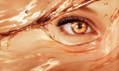 Close-up of a woman's eye surrounded by amber liquid splash.