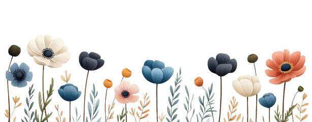 Romantic watercolor floral spring border concept with complementary tones. A vibrant watercolor depiction of a wildflower field featuring flowers in blue, peach, cream, and orange shades