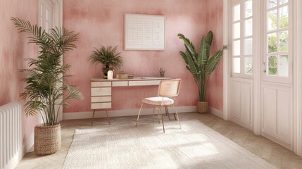 A serene blush-pink home office with plants, a desk, and natural light