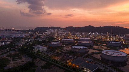 Oil Refinery plant at sunset. Gas Chemical Equipment Prodiction import export Concept, Crude Oil...