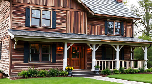 Two-story log home with a wraparound porch, featuring dark brown wood siding, white columns, and dark window shutters.  Landscaping includes neatly trimmed shrubs.