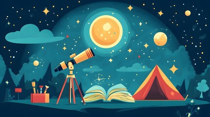 Naklejka premium Nighttime Camping Underneath a Starry Sky With Telescope and Book