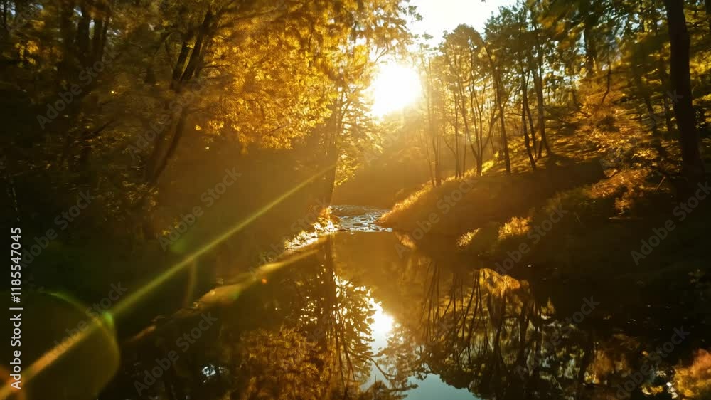 Poster sunlight filters through the leaves, casting dramatic shadows and reflections below in a mirrored fo