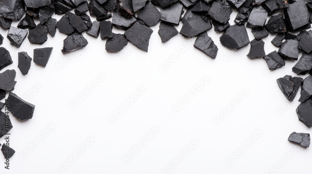 Poster a collection of irregular black stones arranged around a blank white space, creating a stark contras