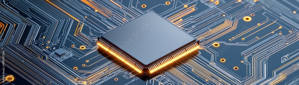 Poster a close-up of a microchip on a circuit board, showcasing intricate connections and modern technology