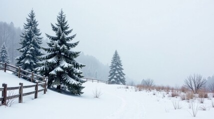 Fototapeta premium Serene Winter Landscape Snow-Covered Evergreens Beside a Wooden Fence, Gentle Slope, Misty Background