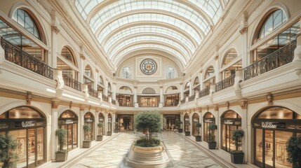 Obraz premium Interior visualization of a shopping mall with high ceilings, skylights, and a spacious layout, offering a bright and modern shopping experience in a 3D illustration