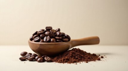 Fototapeta premium Wooden spoon filled with roasted coffee beans and ground coffee powder