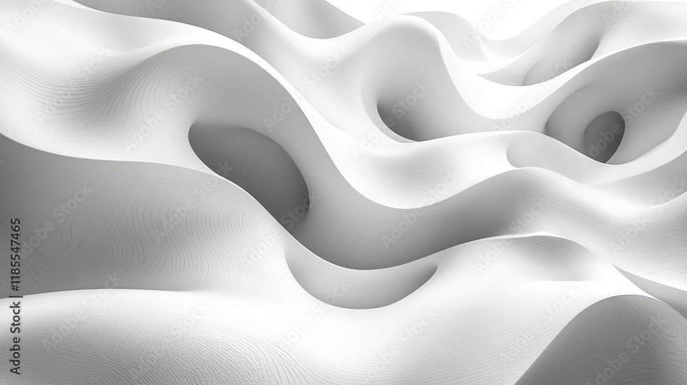 Poster abstract undulating white forms: a 3d rendering of textured surfaces with dynamic flowing compositio