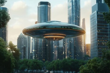 Fototapeta premium giant futuristic ufo spaceship floating in the air in the middle of a city