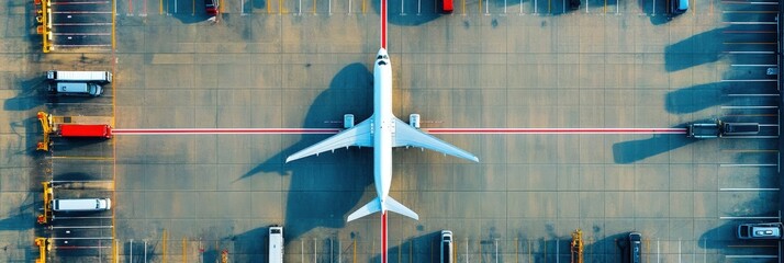 Top-down shot of airport parking areas, cars and planes in view