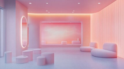 Minimalist bubble tea shop with a bright, open space, simple furnishings, and soft lighting that enhances the serene atmosphere