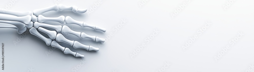 Poster a skeletal hand extends on a clean, minimalistic background, emphasizing its anatomical details and 