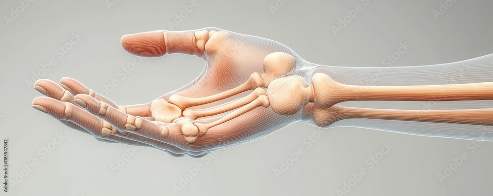 Poster an anatomical representation of a human hand, showcasing both the skeletal structure and the outer f