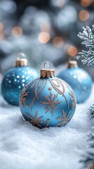 A close-up of decorative blue Christmas ornaments resting on snow, creating a festive winter atmosphere.