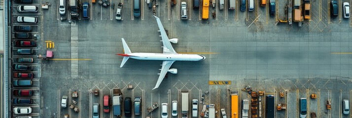 Top-down shot of airport parking areas, cars and planes in view