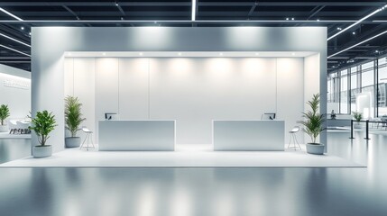 Minimalist exhibition hall interior with two empty stands, polished white walls, and a modern, open layout creating a serene atmosphere