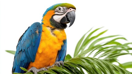A colorful parrot perched on a green leaf, showcasing its vibrant feathers and personality.