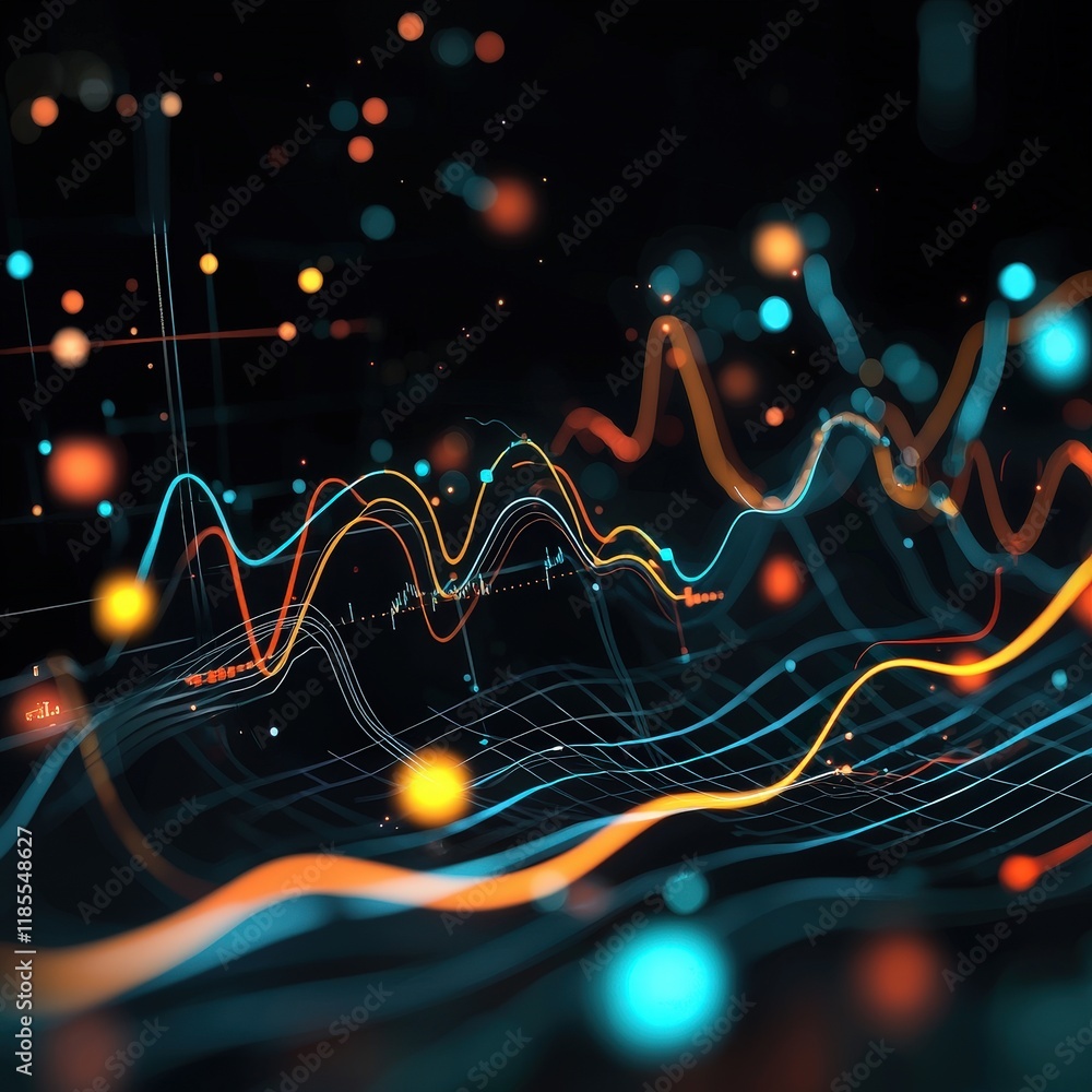 Poster interactive charts and financial metrics glowing on a dark interface