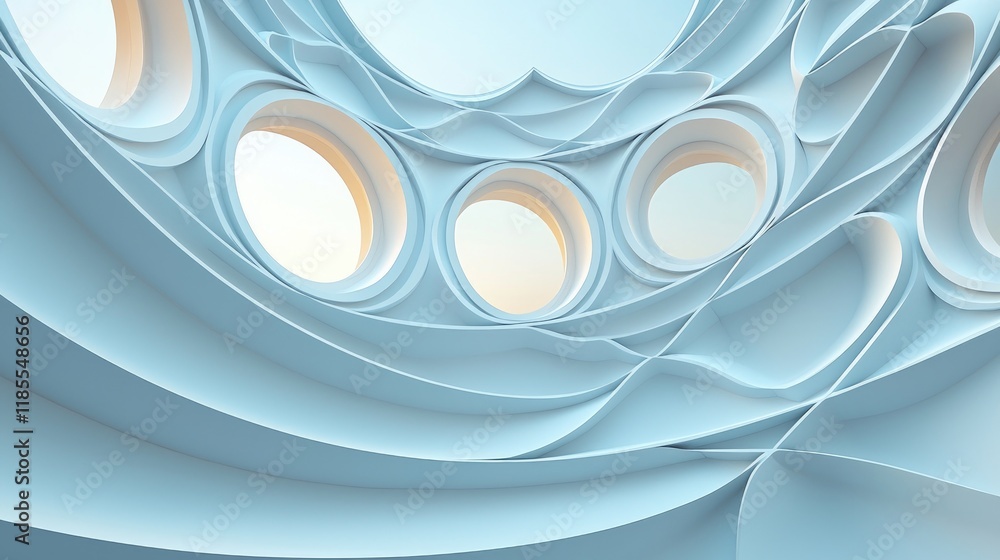Poster abstract wave-like structure with circular openings: light blue and white 3d rendering
