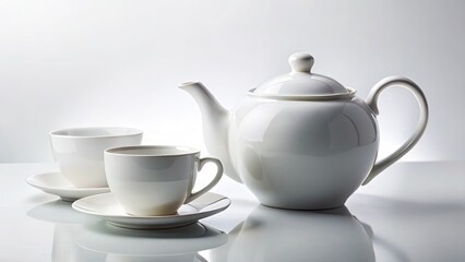 Pure white teapot and two cups, minimalist elegance against a stark white backdrop.