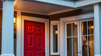 Fototapeta premium Residential Entrance with Red Door and Illuminated Windows