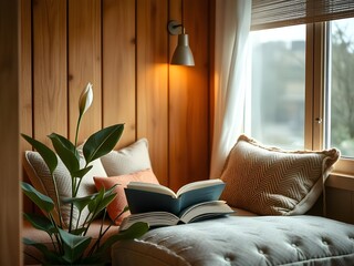 A cozy reading nook with a peace lily and soft cushions