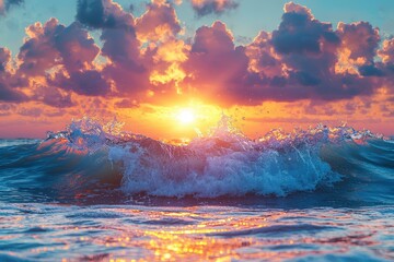 Naklejka premium Clear sea wave in crest shape, sunset light and beautiful clouds on background