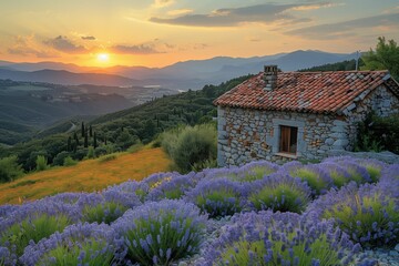 Rustic Stone House in Lavender Field at Sunset