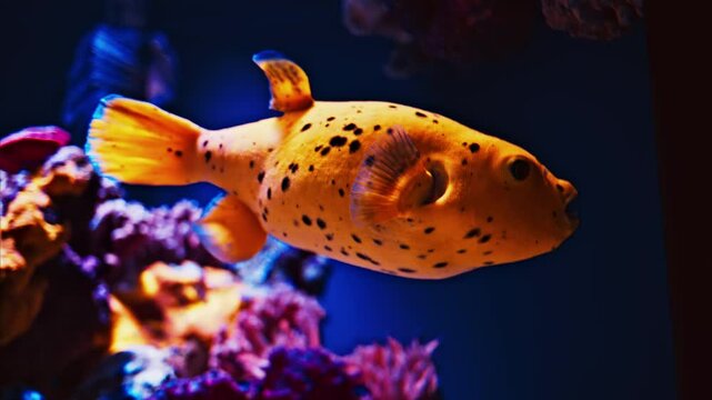 Close up of a Blackspotted puffer fish swimming near coral reefs