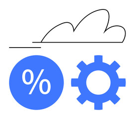 Cloud outline above blue percentage symbol and cogwheel, highlighting data processing and optimization efficiency. Ideal for themes such as cloud computing, data management, efficiency, technology