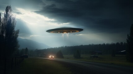Obraz premium UFO filmed in old photography, realistic picture, documentary style. Alien flying saucer