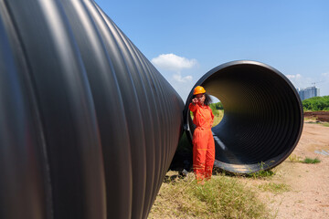 A black female mechanical engineer in a safety uniform inspects and inspects piping systems for a...