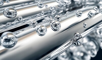 Close-up of water droplets on metallic tubes.