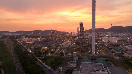 Oil Refinery plant at sunset. Gas Chemical Equipment Prodiction import export Concept, Crude Oil...