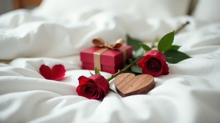 Romantic Surprise Red Roses, Gift Box, and Wooden Heart on a Soft Bed