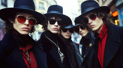 Obraz premium Old photo of several young men taking a group photo on the street